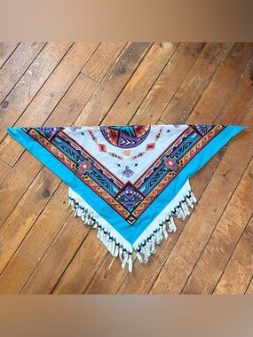 Vintage 90s Wamcraft Beaded Fringe Aztec Bandana Southwest Scarf Made in USA